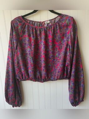 Pimkie Floral Satin Crop Blouse XL Pink Purple Shoulder Pad Top